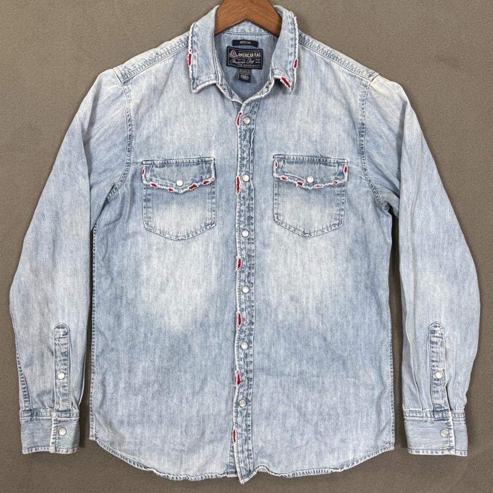 American Rag Denim Shirt Men M Blue Distressed Western Snap Button Down Casual